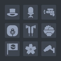 Premium set of fill icons. Such as fun, safety, japan, cherry, chair, sound, surveillance, japanese, comfort, comfortable, play, hat, toy, security, sign, radio, music, armchair, food, camera, travel