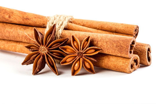 Close Up The Brown Cinnamon Stick With Star Anise Spice Isolated On White Background