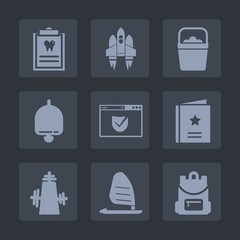 Fototapeta premium Premium set of fill icons. Such as water, dentistry, website, backpack, space, health, shuttle, container, ship, bell, sea, security, patient, ocean, medicine, check, internet, wind, clinic, galaxy