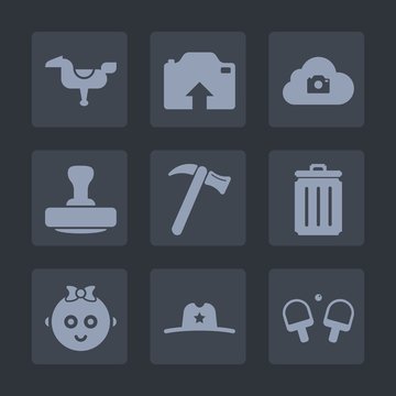 Premium set of fill icons. Such as kid, childhood, equipment, smile, photo, wrench, camera, child, mark, garbage, young, baby, hammer, west, recycling, computer, hat, upload, happy, bin, web, can, fun
