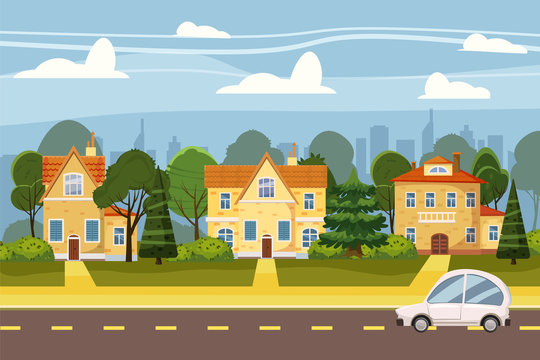 Suburban village of big city, trees, road, sky and clouds. Real estate, sale and rent house, mansion. Cottage Real Estates Cute Town Concept Cartoon Vector Illustration.