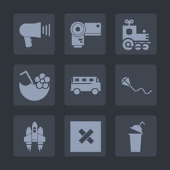 Premium set of fill icons. Such as cocktail, speaker, road, megaphone, spaceship, cup, message, rocket, transportation, fun, sky, railway, photo, glass, voice, locomotive, space, vehicle, kite, lens