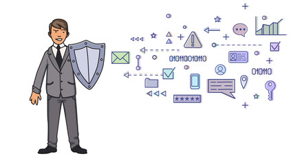 Man in business suit protecting himself with a shield from digital and network threats . Personal data protection. GDPR, RGPD. Concept vector illustration on white background. Flat style. Horizontal.