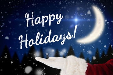 Naklejka premium Santa Claus shows open hand against crescent moon over forest at night