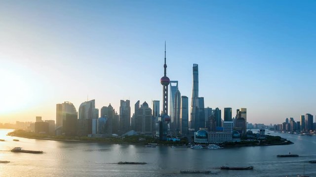 time lapse of shanghai skyline and huangpu river, magical city in the early morning , China