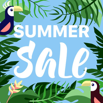 Jungle illustration for summer SALE with tropical leaves and couple of parrots.