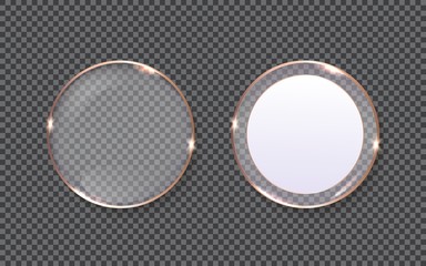 Glass plates shapes with copper edging isolated on simulated transparent background Realistic vector illustration