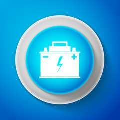 White Car battery icon isolated on blue background. Accumulator battery energy power and electricity accumulator battery. Lightning bolt symbol Circle blue button with white line. Vector Illustration