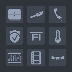 Premium set of fill icons. Such as secure, kitchen, cutlery, landmark, temperature, celebration, travel, restaurant, call, happy, video, holiday, background, thermometer, check, gate, internet, japan