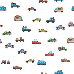 Fototapeta premium Colorful cars and trucks seamless pattern. White background. Vector illustration. Flat style.