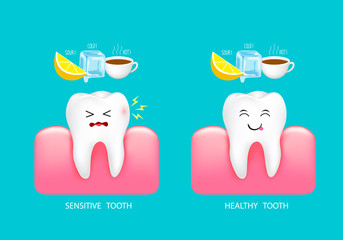 Sensitive tooth to cold, sour and hot. Cute cartoon tooth comparison. Dental care concept, info-graphic of lemon, ice and hot drink.  Illustration isolated on blue background.