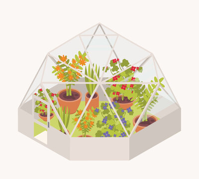 Blooming flowers and potted flowering plants growing inside glass dome greenhouse