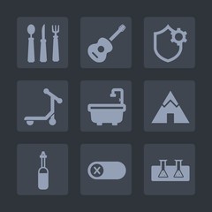 Premium set of fill icons. Such as music, outdoor, vehicle, phone, sound, spoon, switch, delivery, fork, concert, travel, energy, toilet, scooter, internet, kitchen, tool, dinner, camp, medicine, off