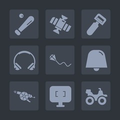 Premium set of fill icons. Such as joy, planet, road, weapon, baseball, satellite, sound, white, science, space, team, screen, music, military, computer, field, league, american, summer, dirt, fun