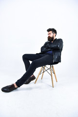Man with beard and mustache on strict face hold arms crossed. Menswear and fashion concept. Hipster looks serious while sitting on chair in stylish outfit. Macho wears leather jacket, white background