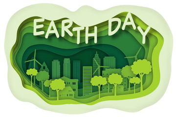 Fototapeta premium Carving design of park city on green nature town background as business, Earth day text, ecology idea, Paper art and craft style concept. vector illustration