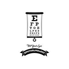Optical vision test. Ophthalmology badge emblem label. Oculist logo. Test table with letters for eye. Vector.