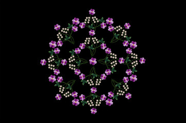 Black background with a oval pattern for embroidery satin stitch bouquet of purple violets and twigs with white flowers

