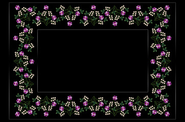 Frame for tablecloth embroidered satin stitch of bouquets with purple violets and branches with leaves and white small flowers on a black background
