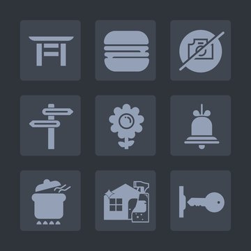 Premium set of fill icons. Such as spray, cleaner, snack, door, pot, cheeseburger, notification, bell, dinner, food, blossom, house, banner, alert, japanese, sandwich, security, gate, housework, fast
