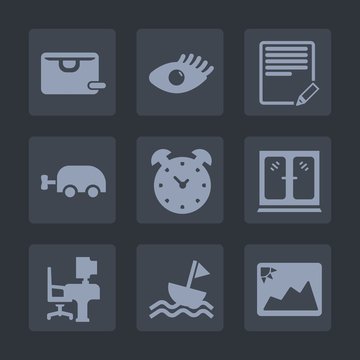 Premium set of fill icons. Such as carriage, clock, office, business, picture, bag, furniture, edit, girl, cabinet, nautical, frame, skin, sail, face, gift, alarm, write, model, yacht, document, baby