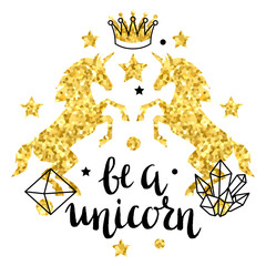 Card with fantasy unicorn and gold glitter texture