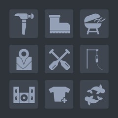 Premium set of fill icons. Such as grilled, footwear, barbecue, medicine, boot, leather, canoe, grill, map, speaker, home, video, boat, construction, bbq, oar, fish, travel, saw, medical, brown, style