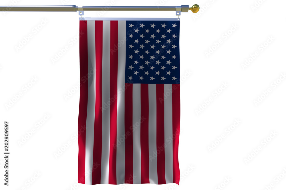 Wall mural the silk waving flag of united states of america (usa) with a flagpole on white background. isolated