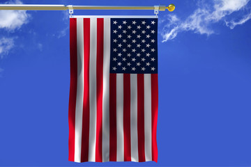 USA flag.The silk waving flag of United States of America (USA) with a flagpole on a blue sky background with clouds .3D illustration.
