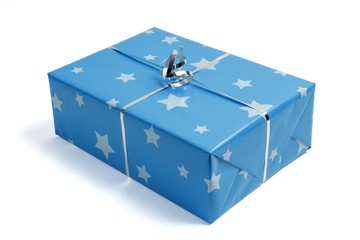 Present, with blue paper and silver stars