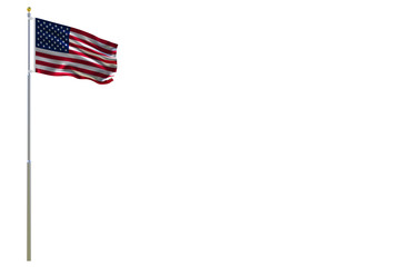 The silk waving flag of United States of America (USA) with a flagpole on white background. Isolated .3D illustration.