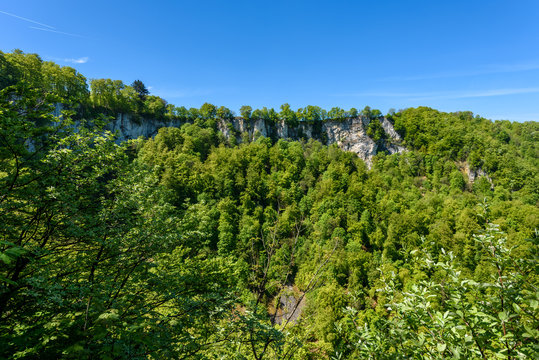 Hiking in beautiful landscape of Bad Urach, Swabian Alb, Baden-Wuerttemberg, Germany, Europe