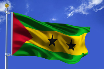 The silk waving flag of Sao Tome and Principe with a flagpole on a blue sky background with clouds .3D illustration.
