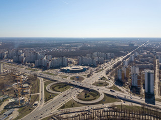 Kiev, Ukraine - April 7, 2018: aerial view roadway system in Kyiv. There are many cars on the roads.