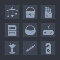 Fototapeta premium Premium set of fill icons. Such as dessert, label, dark, joystick, game, bar, privacy, object, bag, bed, snack, mobile, needle, accessory, toy, document, newborn, drink, cocktail, play, fashion, child