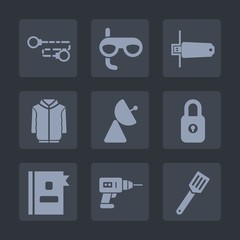 Premium set of fill icons. Such as drill, machine, white, communication, network, sea, clothing, sign, business, scuba, underwater, digital, chain, jacket, clothes, pan, signal, directory, snorkel