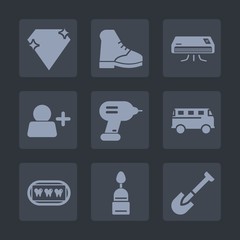 Premium set of fill icons. Such as industry, boot, white, speed, jewel, air, tool, crystal, wear, user, transport, cold, drill, sweet, footwear, brilliant, black, add, equipment, transportation, gem