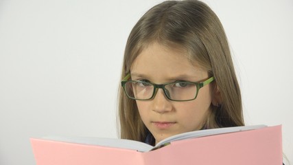 Child Reading a Book, Eyeglasses Portrait Student Girl Learning, White Screen