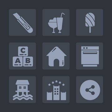 Premium set of fill icons. Such as toy, childhood, ice, estate, snack, stove, food, sign, business, bed, button, cream, houseboat, real, media, internet, kid, kitchen, cutter, vacation, tool, summer