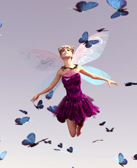 3d rendering of a fairy flying on the sky surrounded by flock butterflies
