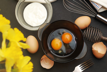 Omelette Preparation Eggs milk Flowers Black Background Flat Lay Food Recipe Breakfast