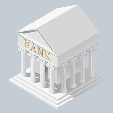 Isometric Projection Of White Bank Building In Antique Style