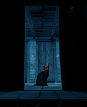 3d Rendering Of A Black Cat Sitting In A Haunted House