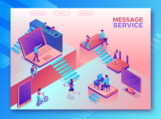 Chatbot service isometric illustration with modern hipster people communicating by gadgets, smartphone, mobile chat technolodgy concept, message app, landing page template