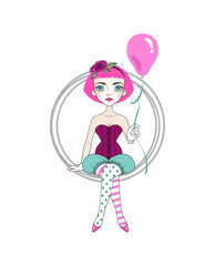 Clown girl with balloon. Vector illistration.