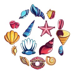 Tropical sea shell icons set. Cartoon illustration of 16 tropical sea shell vector icons for web