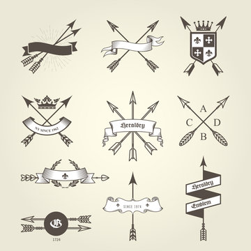 Set of coat of arms with bow arrows - emblems and blazons, heraldic seals