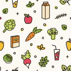 Beautiful seamless pattern with various delicious vegetables and healthy products. Backdrop with organic wholesome food, eco nutrition. Colorful vector illustration in modern line art style.