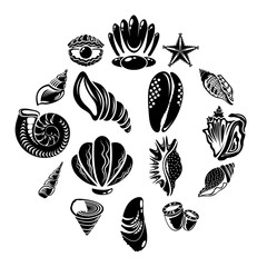 Tropical sea shell icons set. Simple illustration of 16 tropical sea shell vector icons for web