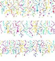 Horizontal serpentine. Vector confetti and serpentine hanging ribbons seamless horizontal border patterns for birthday party on white